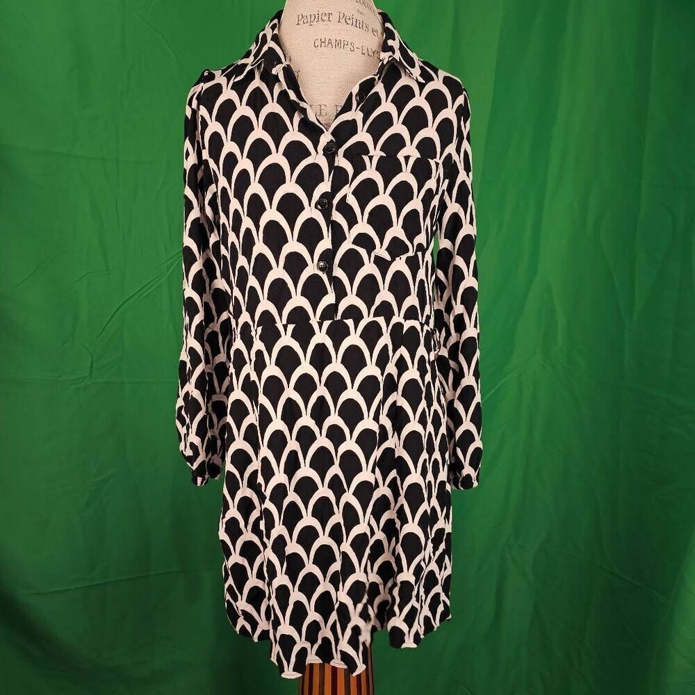 NWOT Zara Womens Emilie Black White‎ Geometric Shirt Dress Medium NO BELT